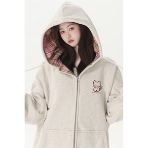 [004】]格子拼接拉链宽松开衫外套连帽加绒卫衣女A079--WY004-P55图片