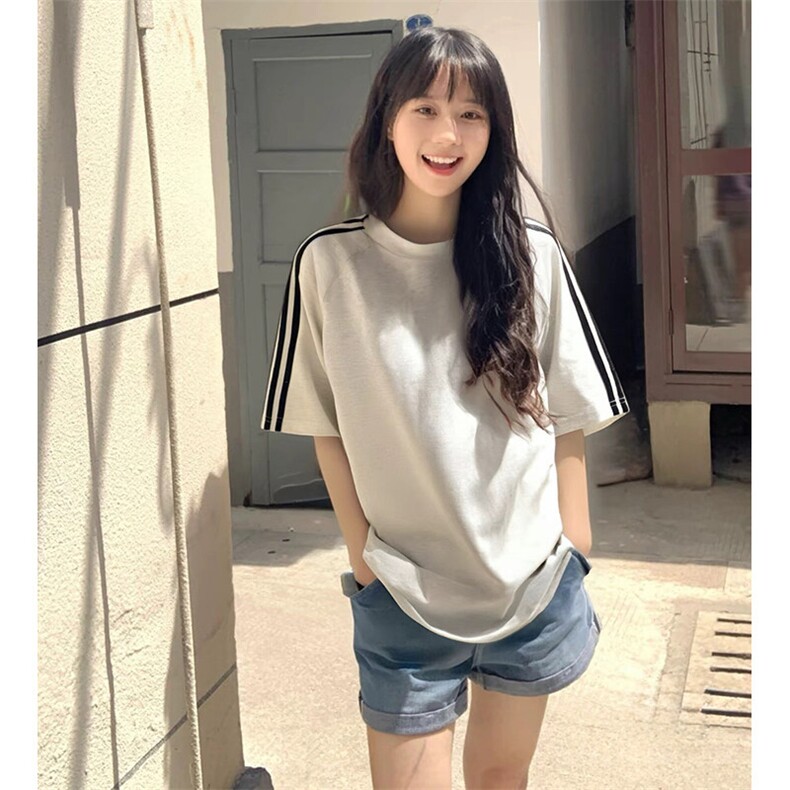 抖音得物品质二开240克宽松纯棉美式潮牌印花三条杠中性风短袖T恤，男装T恤，电商A486