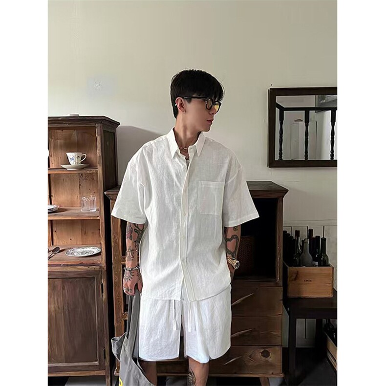 现货~夏季复古老钱风短袖衬衫男宽松休闲棉麻T恤上衣C031-特P30，男装T恤，星座1004-3