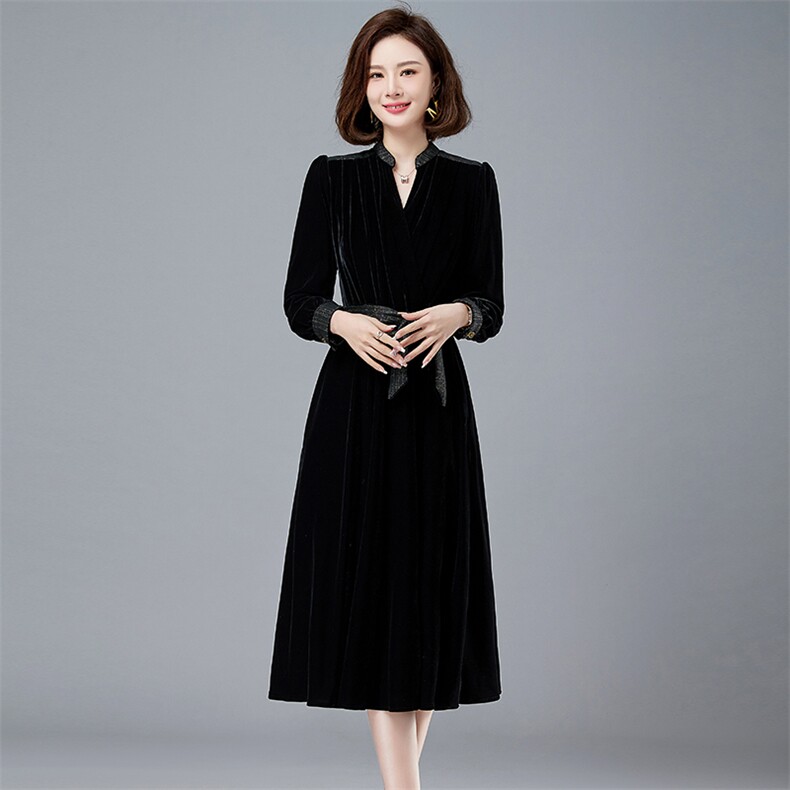 现货女装春新款减龄小黑裙金丝绒轻奢御姐赫本风内搭打底连衣裙,女装连衣裙,琦鑫阁（原依鑫阁）