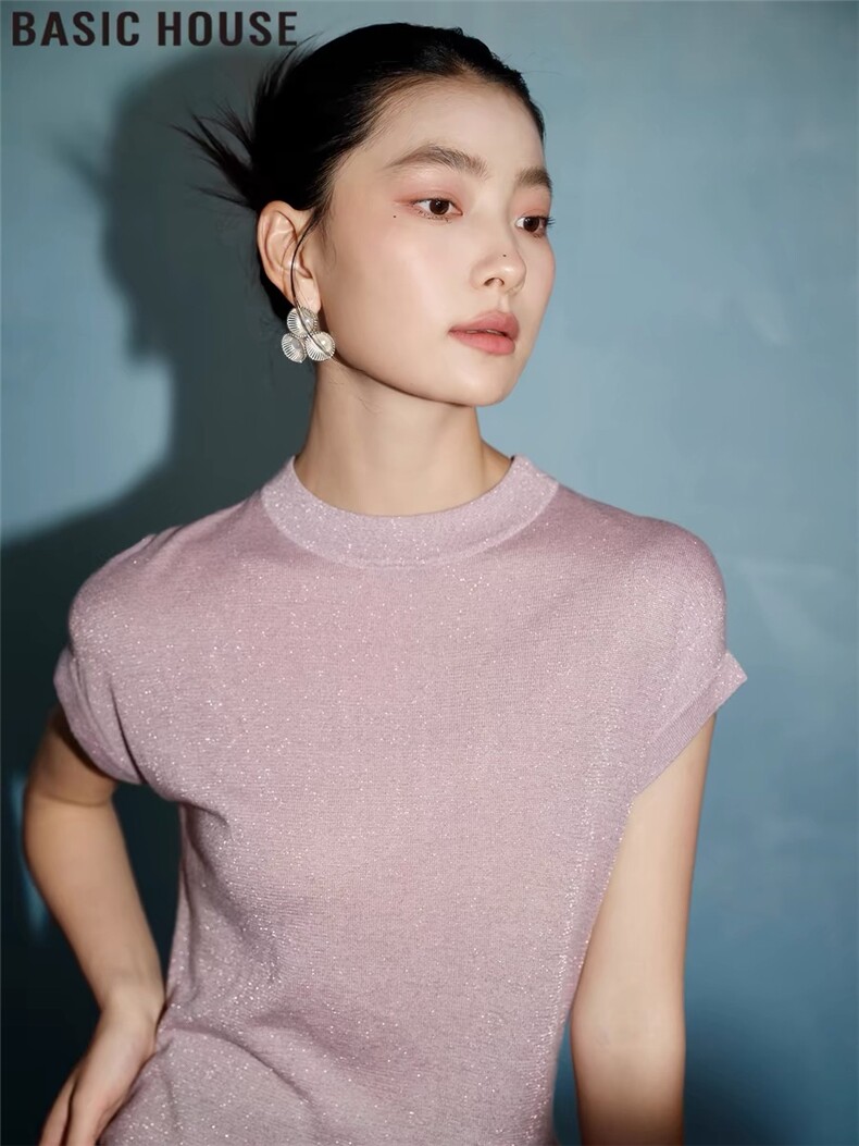 亮丝轻薄透气冰丝针织短袖T恤上衣女2025夏季纯色,女装T恤,绒崒