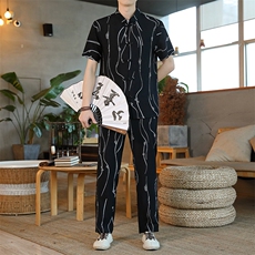 男士夏季风汉服棉麻透气舒适复古开衫唐装两件套HO6930-P65，男装民族服装，星座1105-3