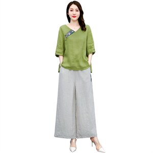 高端时尚棉麻阔腿裤套装女2024夏季新款复古刺绣民族风亚麻两件套图片