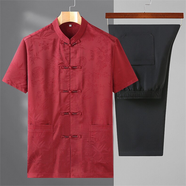 2022男高端风短袖唐装衬衫中式中老年风立体刺绣套装T恤，男装中老年男装，钱塘723