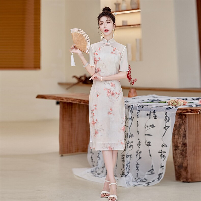 中式连衣裙女夏季新款提花长裙送考开叉雪纺裙改良版奥黛日常旗袍,女装连衣裙,利佳可人