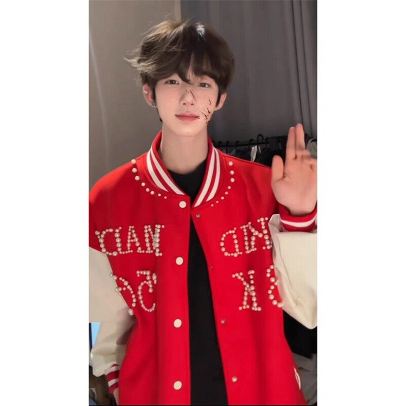 数字款珍珠红色棒球服撞色夹克外套JK0116-1-P105,男装夹克,星座313A(原308A-2)