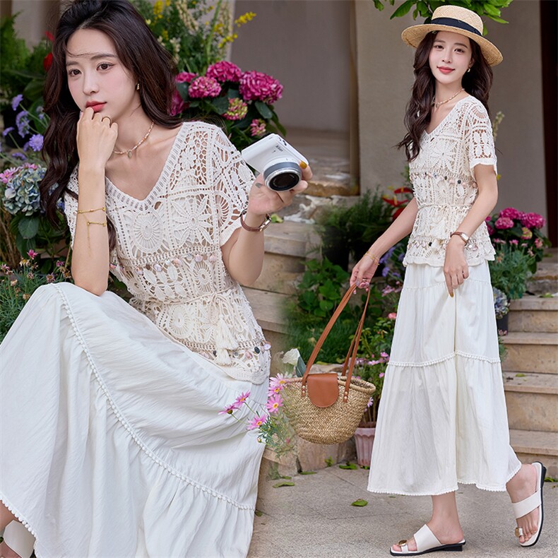 2025年夏季新款女气质优雅时尚波西米亚风遮肉两件套装连衣裙，女装连衣裙，奋斗女王
