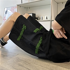 2022美式阔腿潮流直筒休闲五分裤字母植绒刺绣牛仔裤男K3035-P35，男装牛仔裤，星座512-3