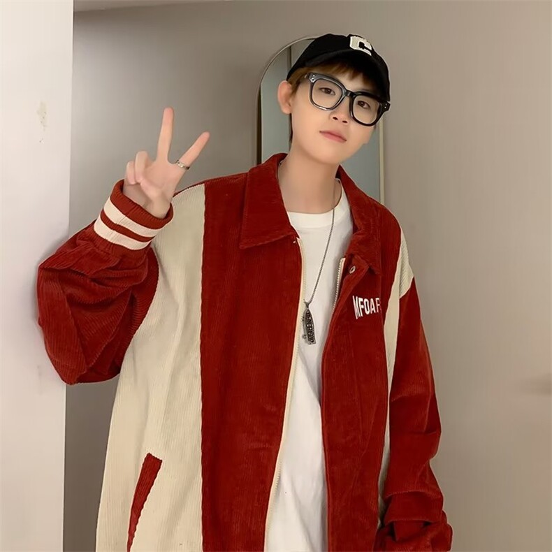 美式复古拼接小众外套男女设计感春秋灯芯绒棒球服夹克JY422-P58图片