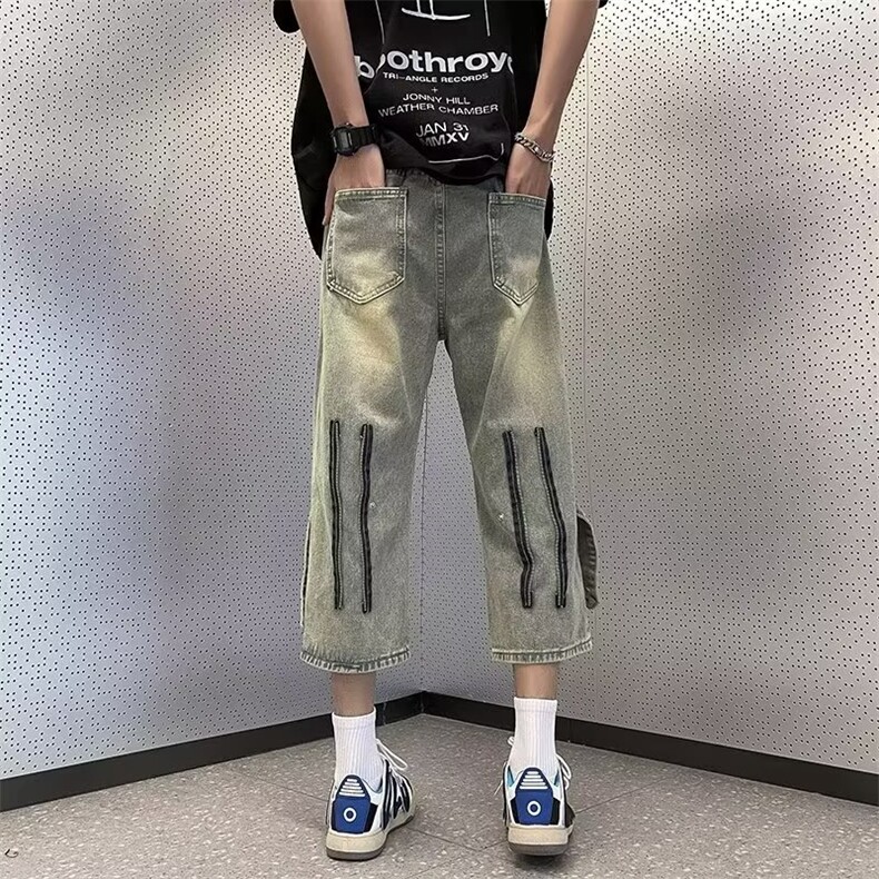 破洞牛仔裤男夏季美式高街vibe裤子潮牌嘻哈七分裤青少年休闲短裤,男装牛仔裤,星座410-6（原星座1304-1）
