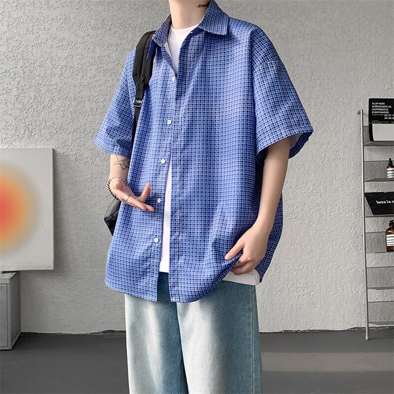 8XL-M短袖衬衫男夏宽松慵懒风痞帅条纹格子衫半袖外套DC28005P40,男装衬衫,电商B312