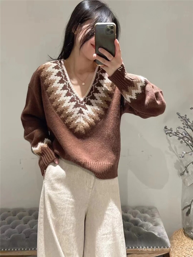 HE|feerdao拼色设计baby山羊绒衫女V领加厚针织衫宽松撞色毛衣,针织衫/毛衣,国旺羊绒