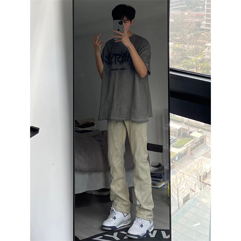 自拍图直播拼接牛仔裤微喇叭高街B342-K7029-P60控88,男装牛仔裤,电商B342