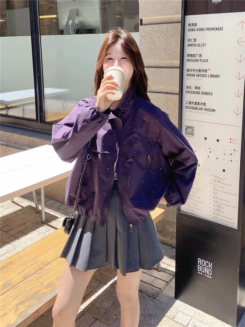 减龄小个子设计感休闲夹克紫色亮闪短外套女秋季,女装短外套,2C266