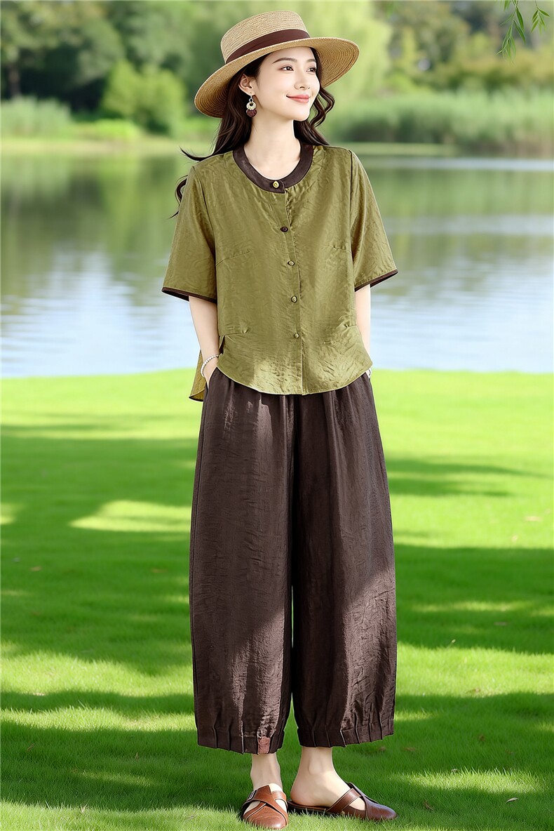 夏季新款简约通勤撞色宽松透气上衣裤子两件套装显高显瘦松弛套装,女装套装/套裙,芷墨服饰