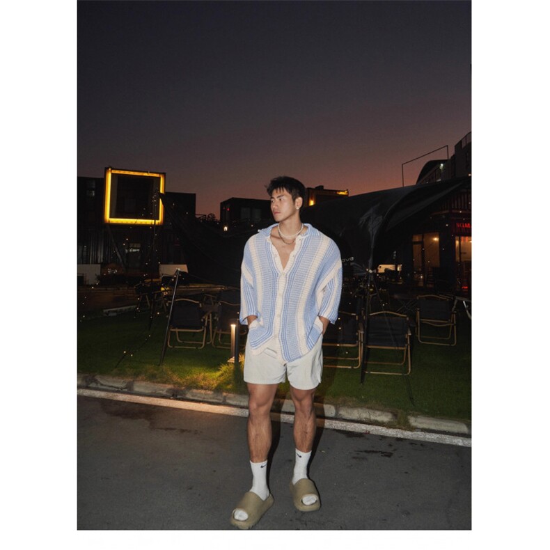 欧美硬汉镂空针织开衫男高级感宽松冰丝衬衣凉薄透气条纹衬衣外套,男装衬衫,四季星座505