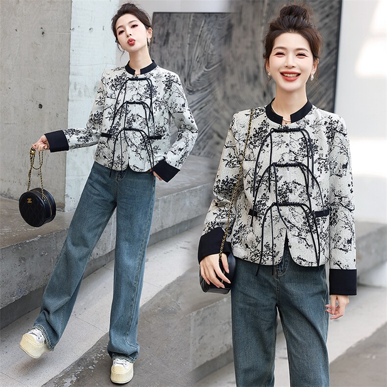 现货现发新中式水墨画圆领流苏扣外套,女装短外套,墨羽桐