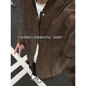美式休闲夹克男生秋季慵懒风解构设计长袖外套复古宽松显瘦棒球服图片