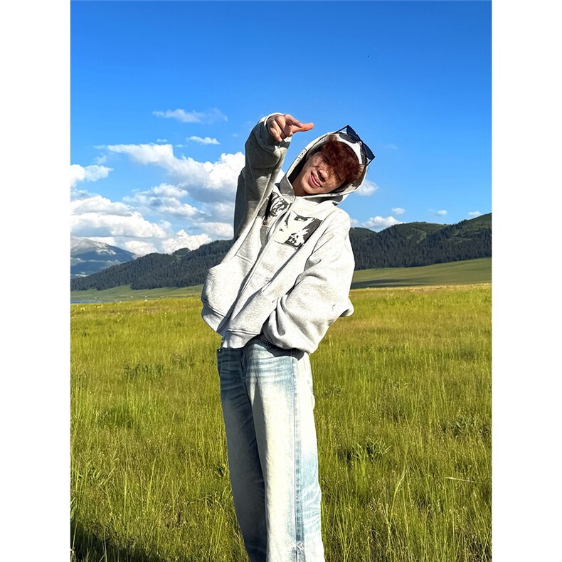 美式贴布印花设计连帽卫衣休闲男女宽松开衫帽衫外套WY6003P62,女装短外套,星座1013-5