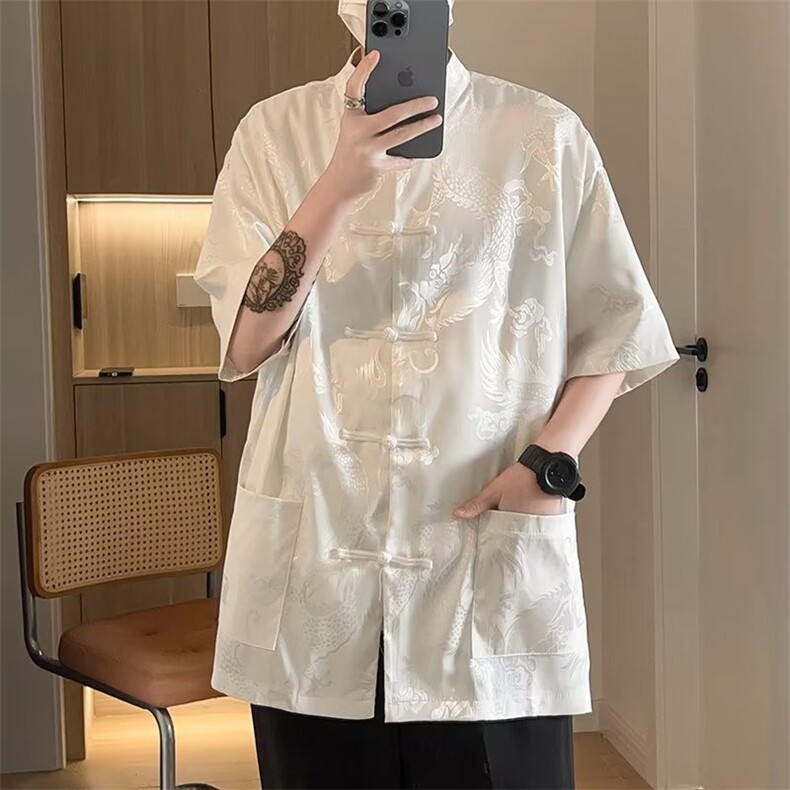 新中式提花衬衫男夏季宽松垂感短袖衬衣潮流痞帅唐装半袖外套,男装衬衫,星座716-2