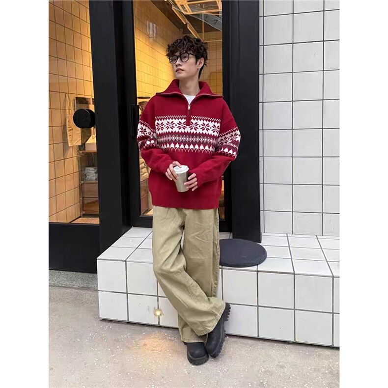 美式复古费尔岛提花针织衫男女半拉链高领毛衣慵懒感宽松潮流外套,男装针织衫/毛衣,四季星座505