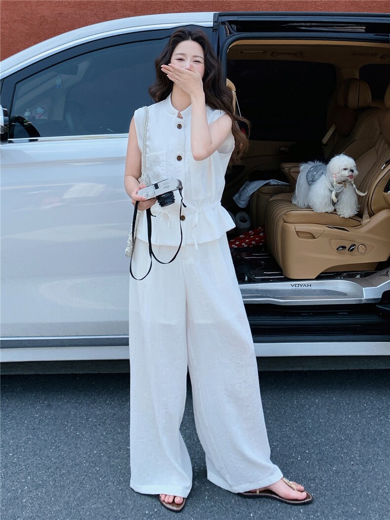 轻熟气质套装裤女2026夏季新款高级感刺绣无袖马甲阔腿裤两件套,女装套装/套裙,流量+