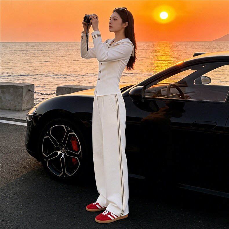 韩系设计感时尚套装女春干练清新文艺修身小众上衣垂感长裤两件套,女装套装/套裙,江南