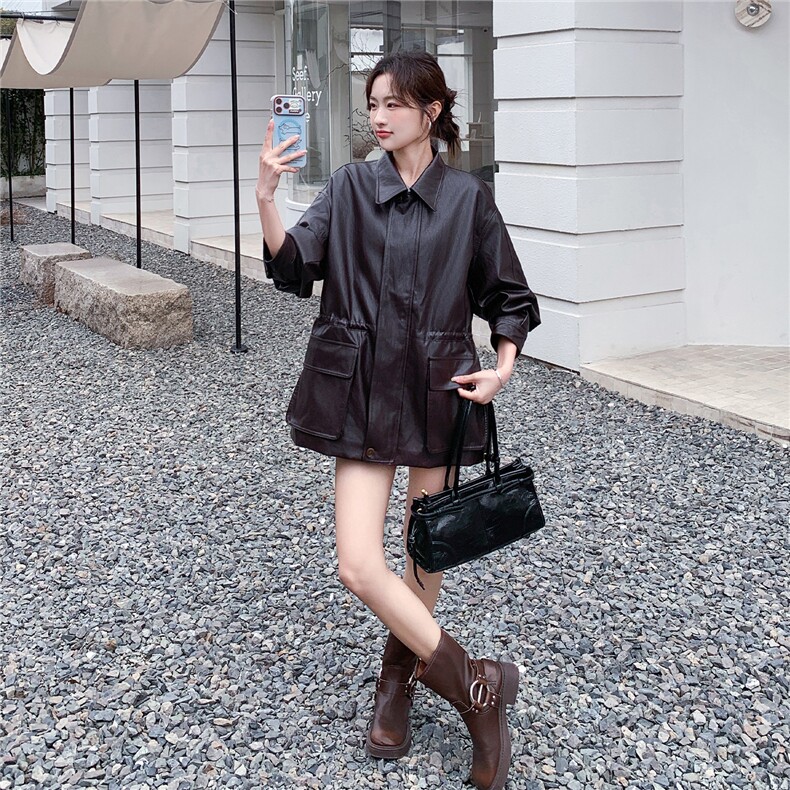 新款，咖色中长款皮衣外套W670P195K318,女装短外套,2C209