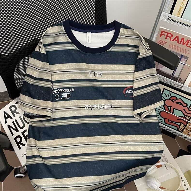 Q420-P35青少年条纹短袖复古扎染新款T恤宽松美式高街宽松上衣,男装T恤,星座911-1