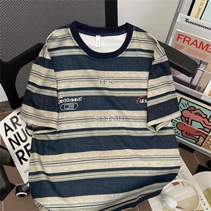 Q420-P35 青少年条纹短袖复古扎染新款T恤宽松美式高街宽松上衣图片