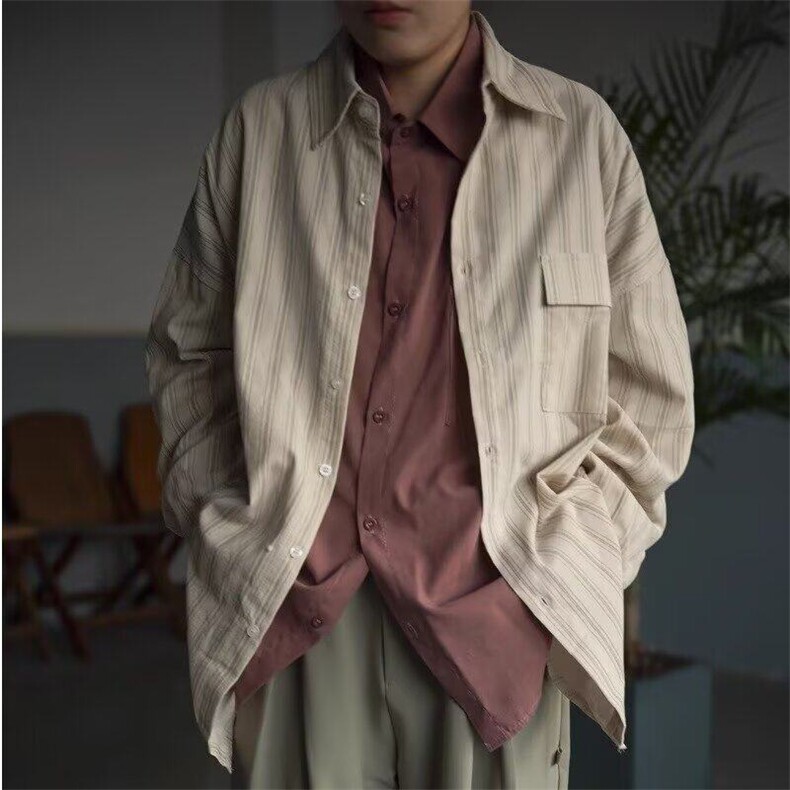 2025春秋日系复古细条纹衬衫男女生学院风宽松休闲衬衣潮,男装衬衫,星座506A