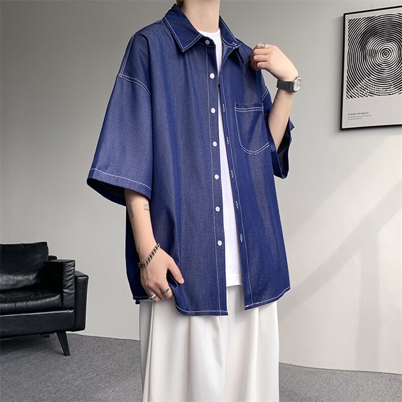 8XL-M冰丝牛仔短袖衬衫男款夏季薄款宽松慵懒衬衣外套DC28006P60,男装T恤,电商B312
