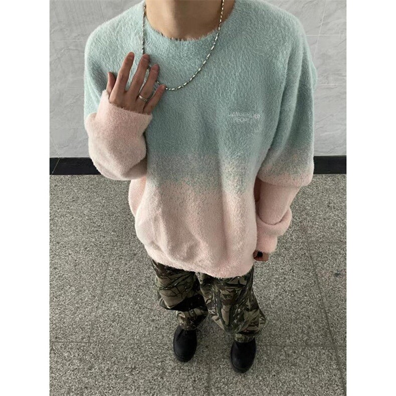 粉色渐变套头毛衣女慵懒风设计感小众水貂毛宽松针织上衣 MY301图片