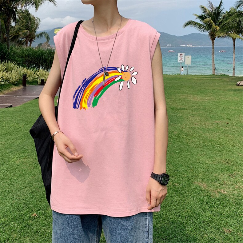 ！港风2023夏季无袖背心男加肥加大码宽松短袖T恤男BX264-P20图片