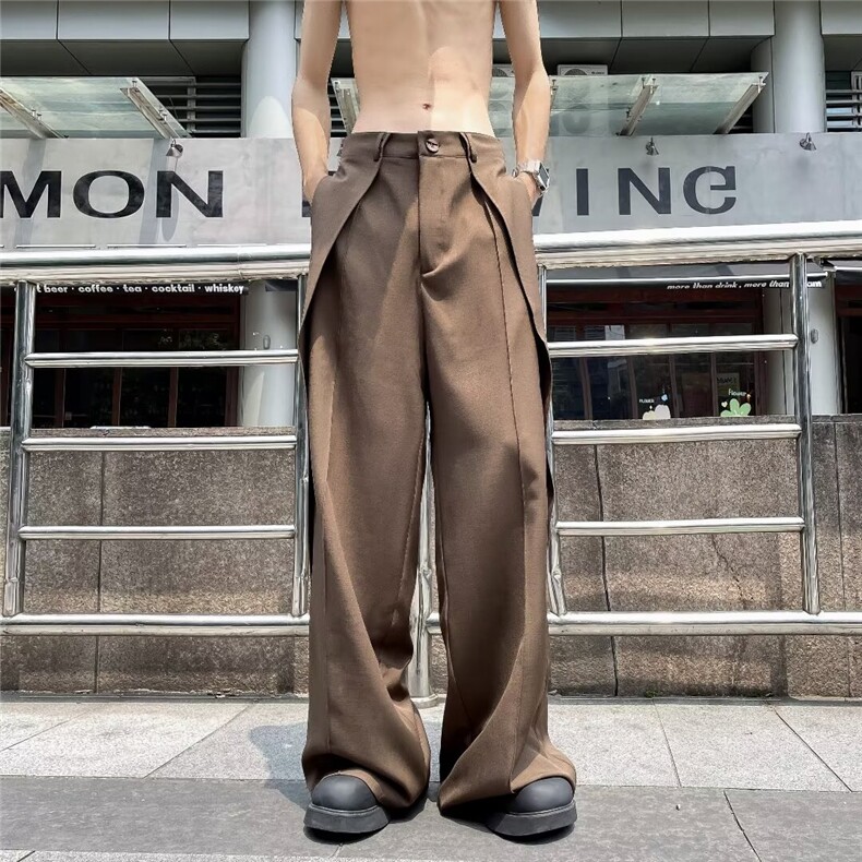 垂坠感抽褶小众拼接阔腿裤男士拖地堆叠西裤英伦斜包边K2836,男装西裤,星座1116A-1（原606A）