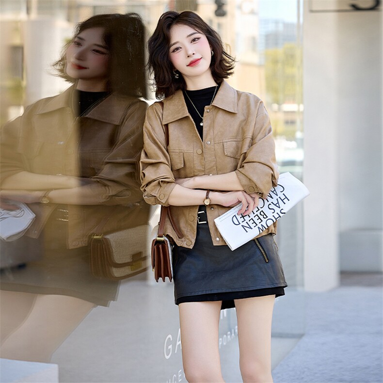 短外套女2024早秋新款翻领简约质感百搭PU仿皮外套,女装皮衣,江南女神
