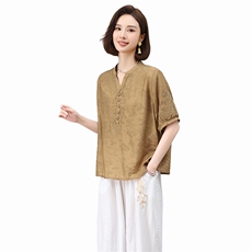 高端女2025夏装新中式天丝麻小衫文艺气质复古妈妈棉麻，女装衬衫，凝聚力