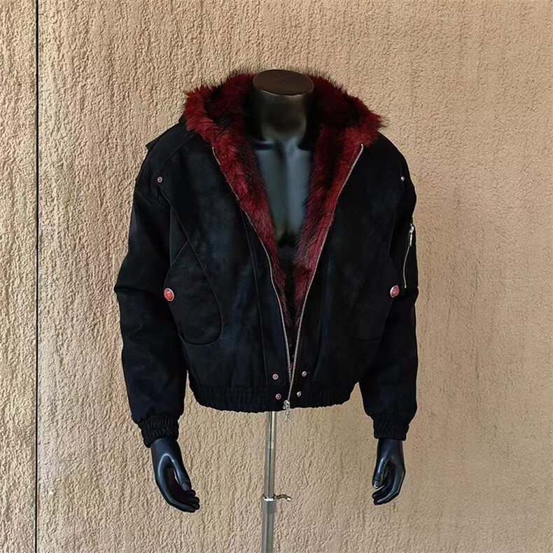 网图红毛座山雕纹理PU暗黑短款宽松毛毛加厚棉服外套,男装棉衣,电商C307