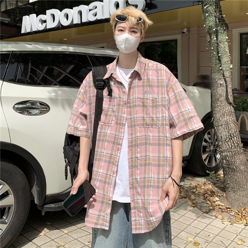 衬衫男短袖文艺格子拼色痞子帅2024夏季潮流ins韩版外套CY919-P35,男装衬衫,星座412-3