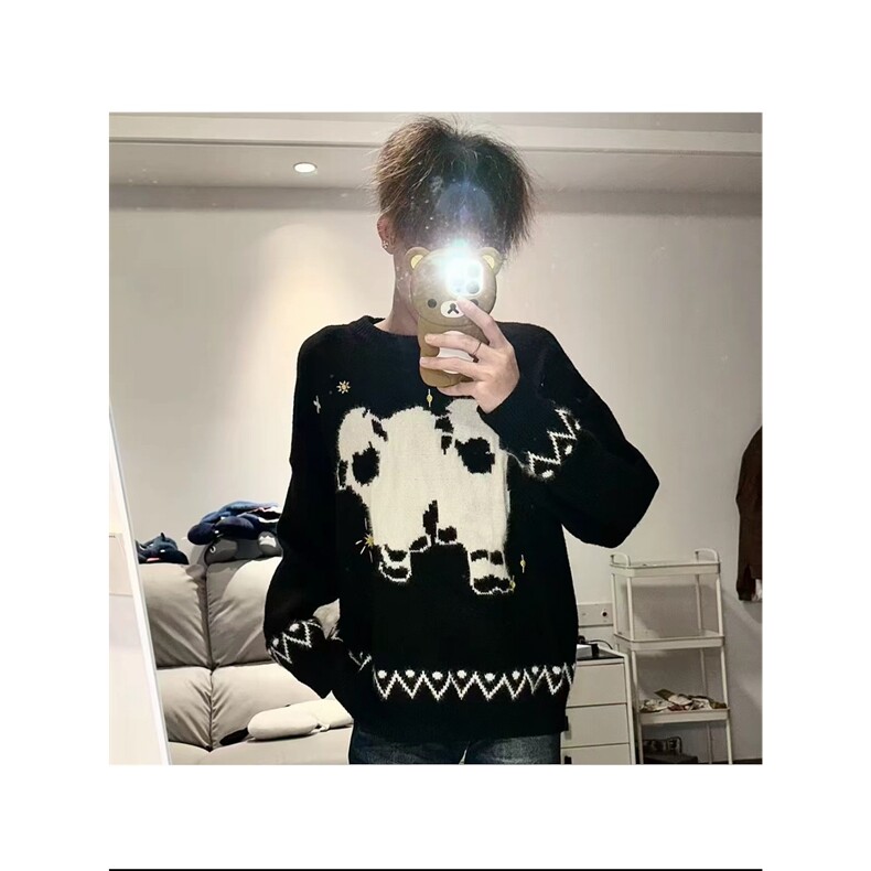 黑色软糯趣味小羊提花图案毛衣男秋冬慵懒风宽松上衣针织衫情侣款图片