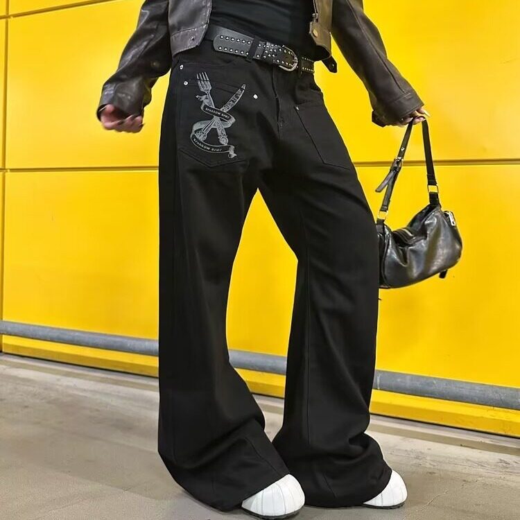 梨型身材黑色直筒牛仔裤女2025秋冬大码胖妹妹mm宽松显瘦阔腿长裤,男装牛仔裤,星座506A
