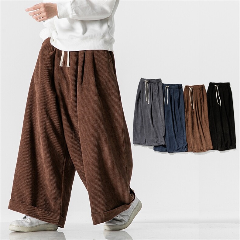 秋冬大码风复古灯芯绒阔腿裤直筒休闲裤汉服新中式K242/P65，男装民族服装，钱塘713
