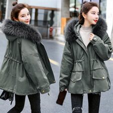 棉衣/棉服2021新款冬兔毛中长款工装带帽棉服女外套配毛领，女装派克服，瑶迪依秀