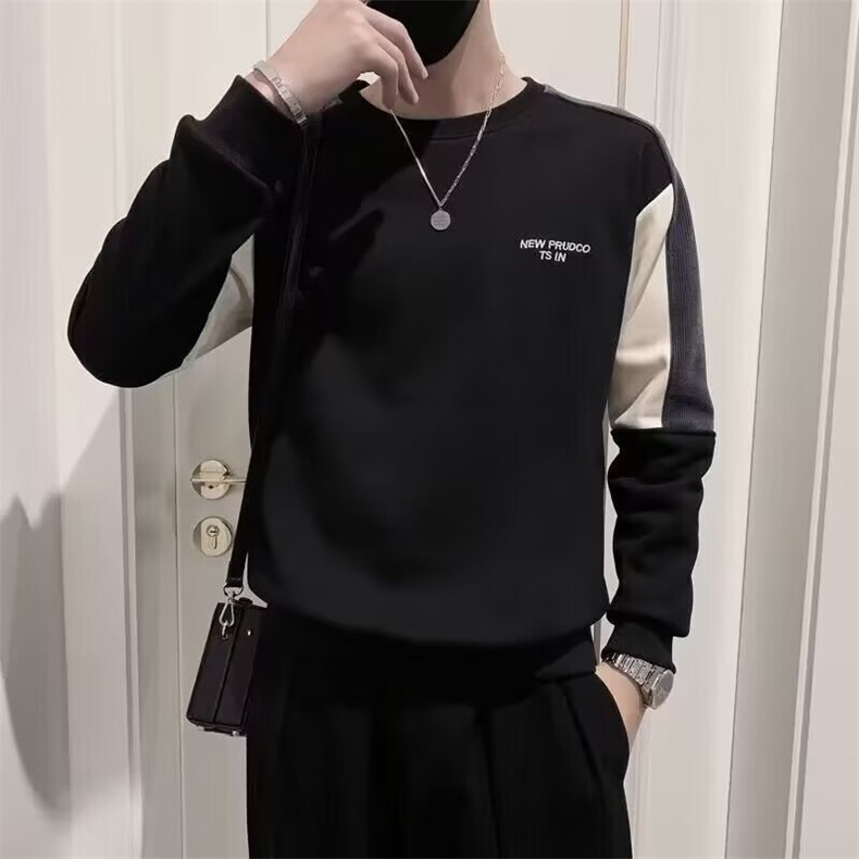 青少年常规套头秋冬日常潮圆领加绒拼接撞色短袖t恤衫美式男士,男装T恤,星座506A