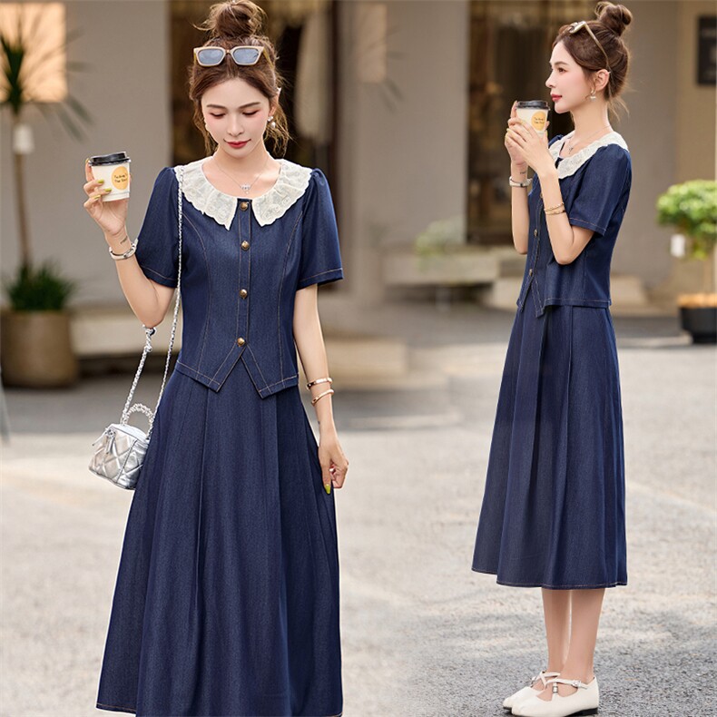 2025夏季新款时尚气质显瘦百搭蕾丝领牛仔连衣裙女洋气宽松，女装连衣裙，涵亦佰惠