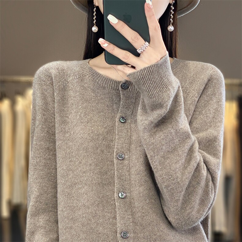 新款羊毛一线成衣圆领短开衫外套针织毛衣长袖DYDM019,女装羊毛衫,北娇羊绒