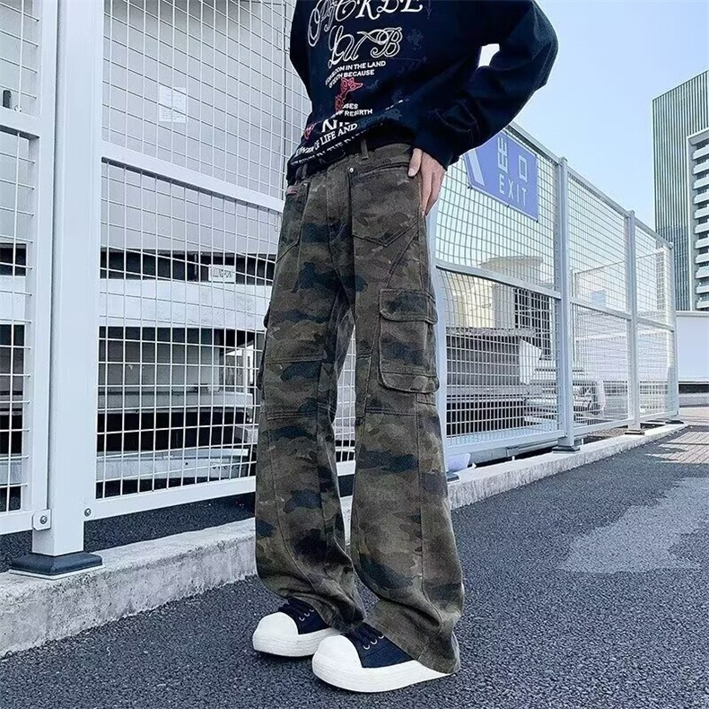 美式多口袋工装牛仔裤男女潮牌高街修身显瘦微喇裤AMC611P52,男装牛仔裤,星座1013-5
