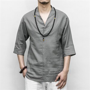 风棉麻V领亚麻短袖中式汉服唐装七分袖衬衣亚麻衬衫 M113 P40图片