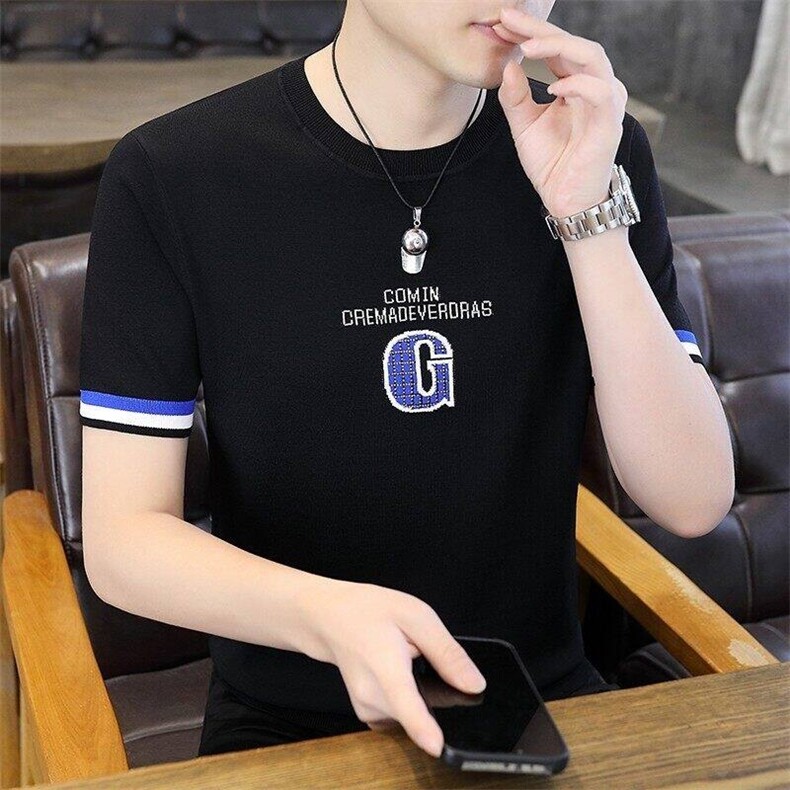 7971-P55夏季休闲时尚短袖毛衣男打底衫欧货潮牌针织衫,男装T恤,电商D310B-1
