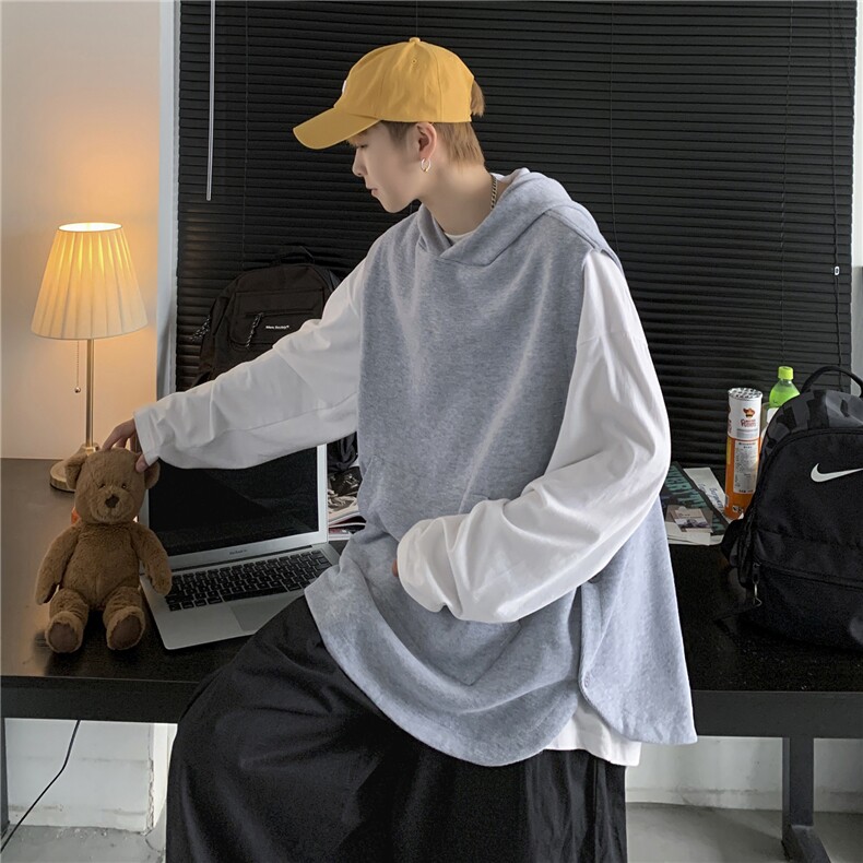 港风针织背心宽松休闲慵懒风毛线连帽马甲学生上衣外套H204/P50,男装背心/马甲,电商A221A